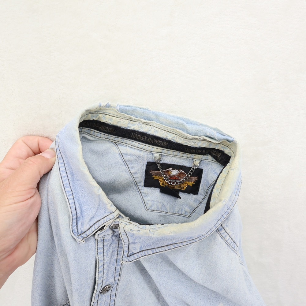 Harley Davidson XXL Light Wash Denim Button Shirt '03 C8036 HMGL Thrashed *READ - Picture 14 of 15